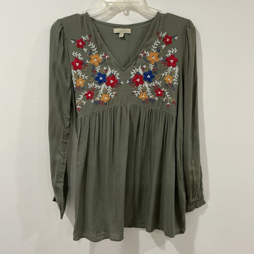 Polagram Embroidered Floral Blouse Size S Olive Green Peasant‎ Bohemian